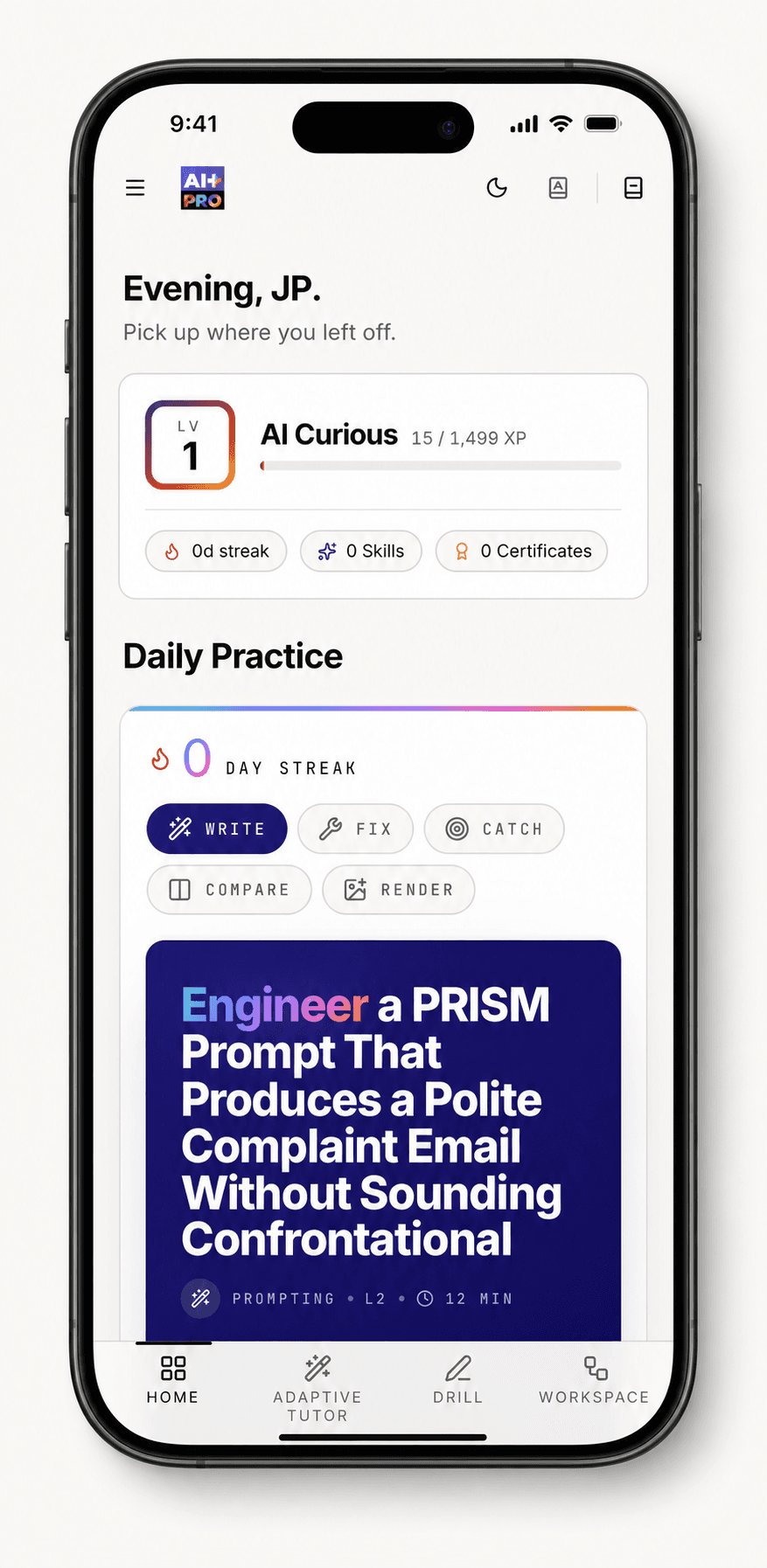 The AI+ learning platform — Daily Practice screen showing prompt-engineering drills