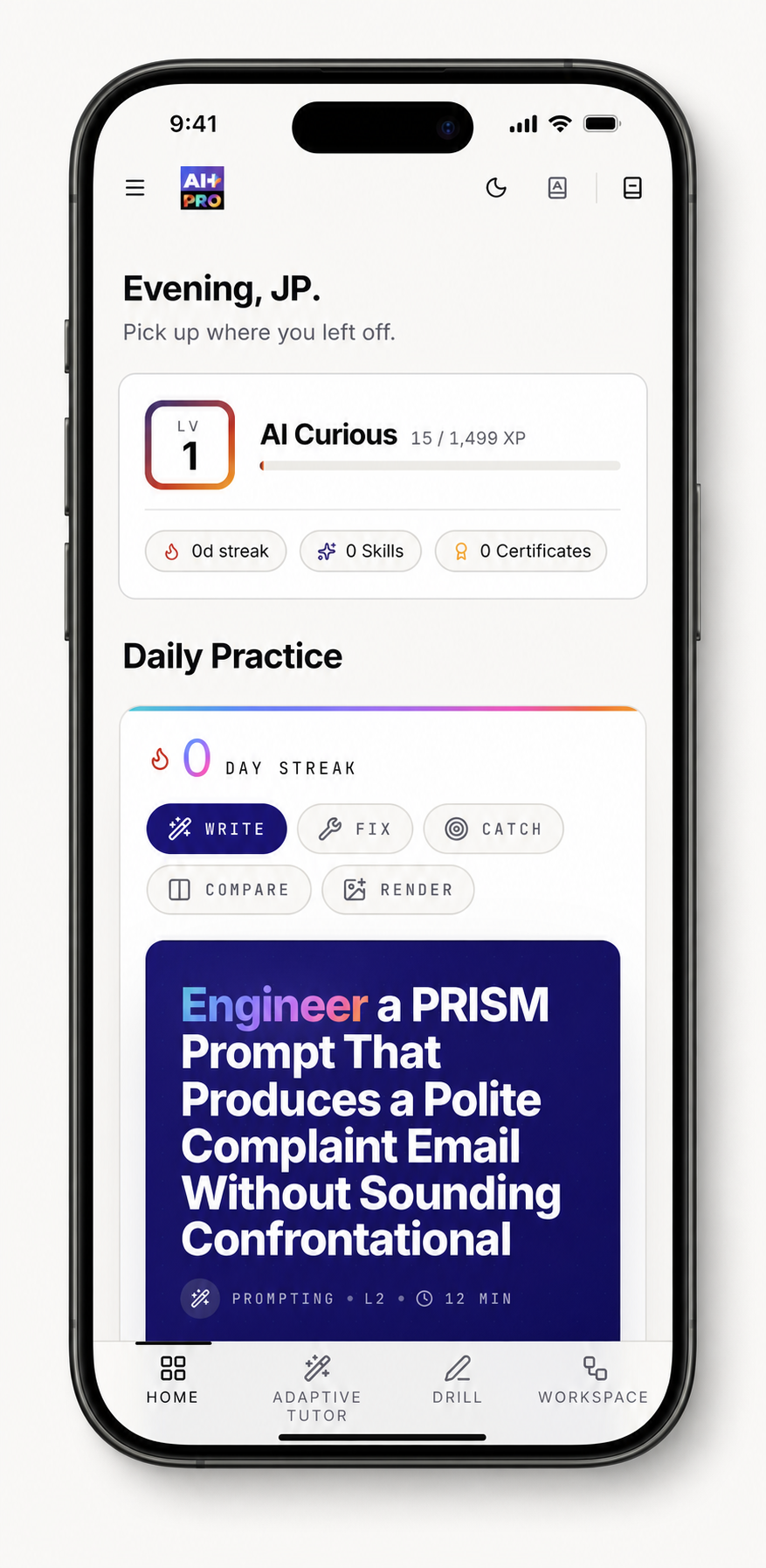 The AI+ adaptive tutor app — Daily Practice screen showing prompt-engineering drills